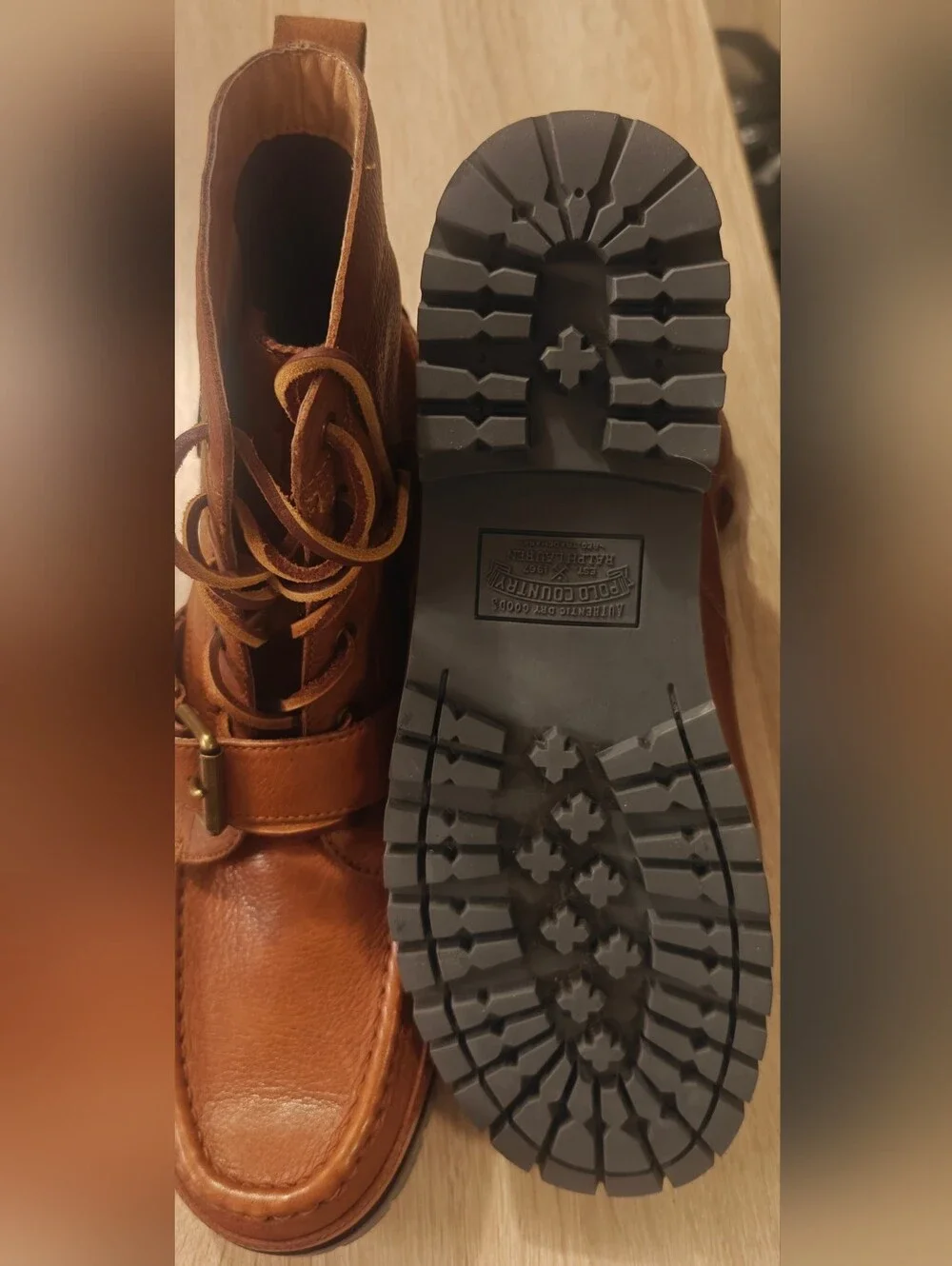 Mens 11.5 Polo Ralph Lauren Ranger Boots brown tan high leather strap shoes logo